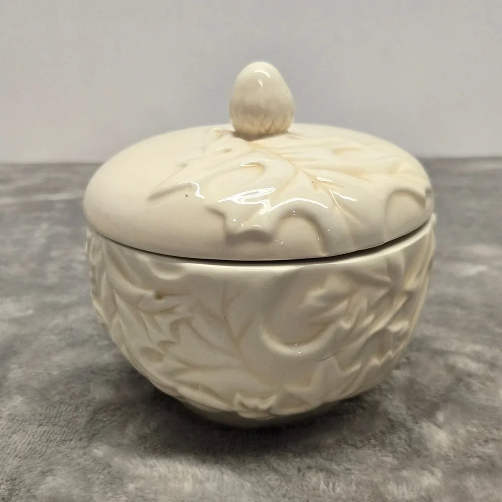 Hallmark Ceramic Candle Jar with Lid Embossed Leaf Acorn Cream Ivory Decor 4in
